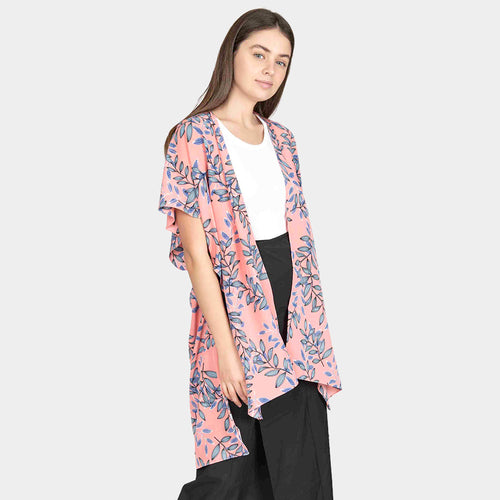 Leaf Patterned Cover Up Kimono Poncho - Brown
