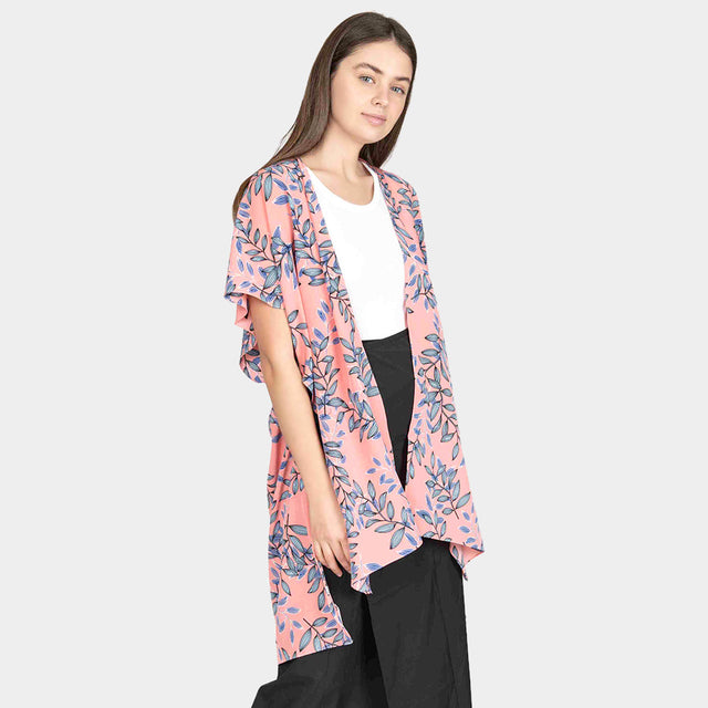 Madeline Love Peach Leaf Patterned Cover Up Kimono Poncho - Apparel