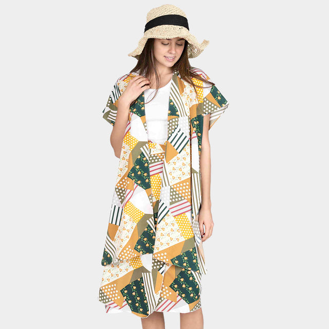 Madeline Love Brown Geometric Patterned Cover Up Kimono Poncho - Apparel