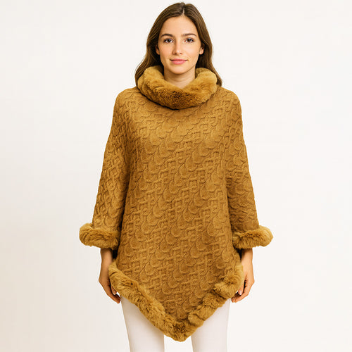 Textured Faux Fur Trim Cape Poncho - Camel