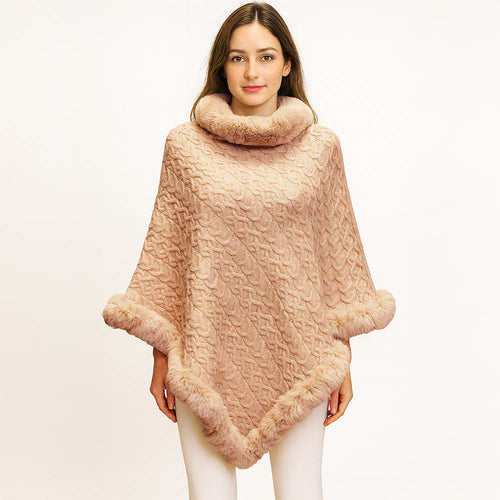 Textured Faux Fur Trim Cape Poncho - Pink