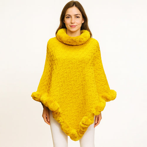 Textured Faux Fur Trim Cape Poncho - Mustard