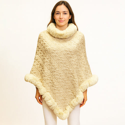 Textured Faux Fur Trim Cape Poncho - Ivory
