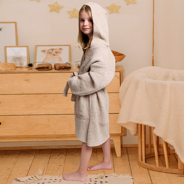 Beige Kids Solid Color Hooded Cozy Robe