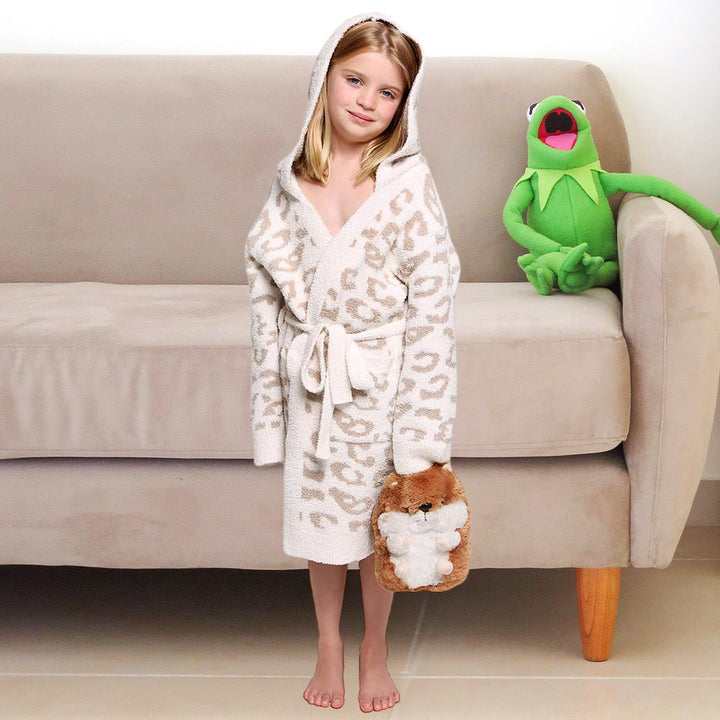 Beige Kids Leopard Print Hooded Cozy Robe