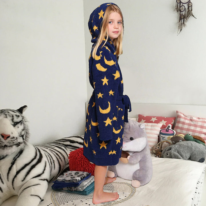 Navy Kids Star Moon Print Hooded Cozy Robe