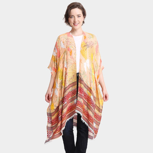 Leaf Patterned Cover Up Kimono Poncho - Orange
