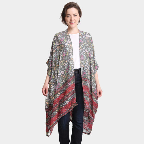Flower Patterned Cover Up Kimono Poncho - Gray