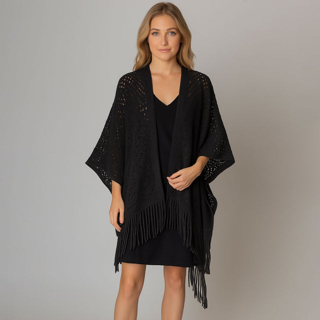 Black Fringe Open Knit Crochet Draped Shawl Wrap Ruana Poncho