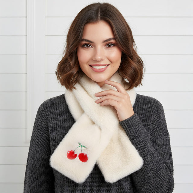 Madeline Love Red, White Faux Fur Plush Cherry Embroidered Pull Through Scarf - Hair Accessories