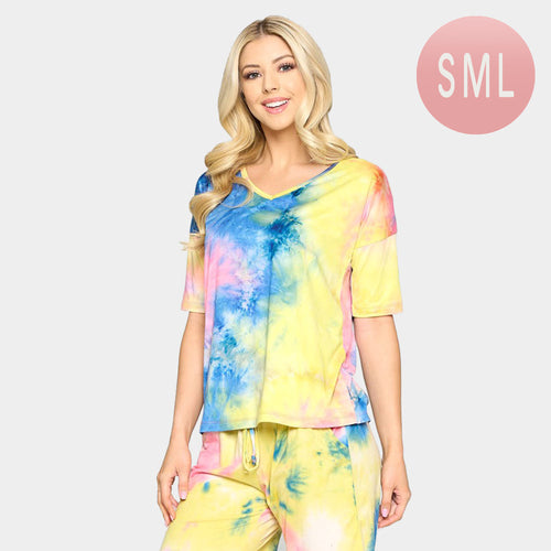 Tie Dye Print Dropped Shoulder T-Shirts - Blue, Yellow