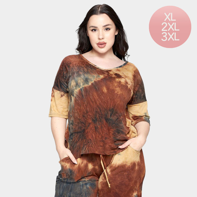 Madeline Love Charcoal, Tan Tie Dye Print Dropped Shoulder T-Shirts - Jewelry