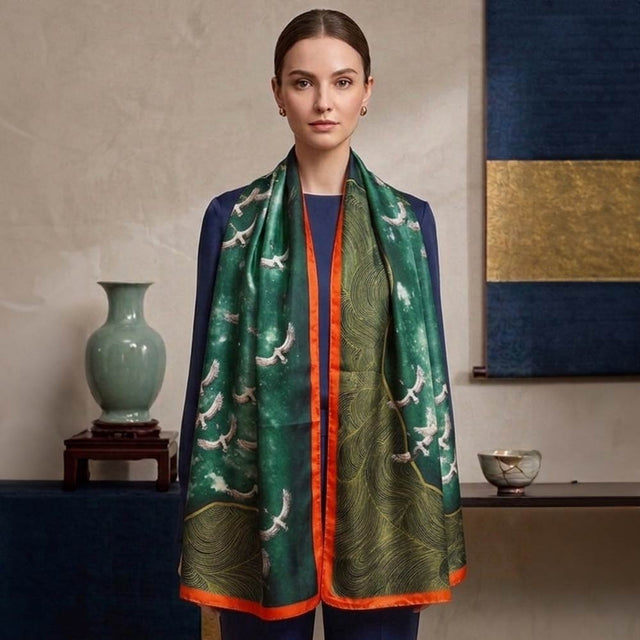 Madeline Love Green Silk Feel Crane Print Versatile Wrap Scarf - Scarves & Wraps