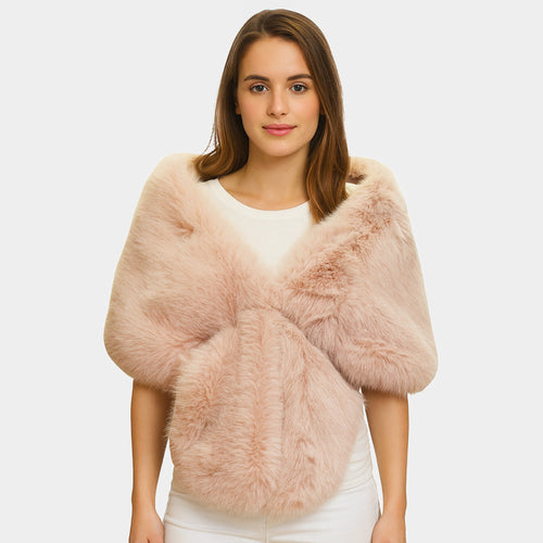 Faux Fur Shawl Wrap Poncho - Dust Pink
