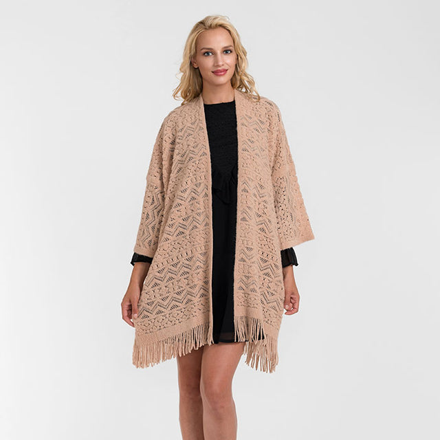 Dust Pink Fringed Crochet Sweater Cardigan
