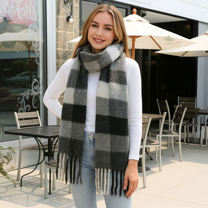 Black Soft Plaid Oblong Fringe Long Scarf