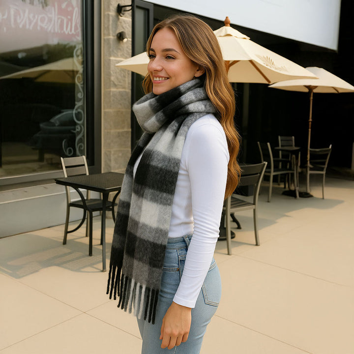 Black Soft Plaid Oblong Fringe Long Scarf