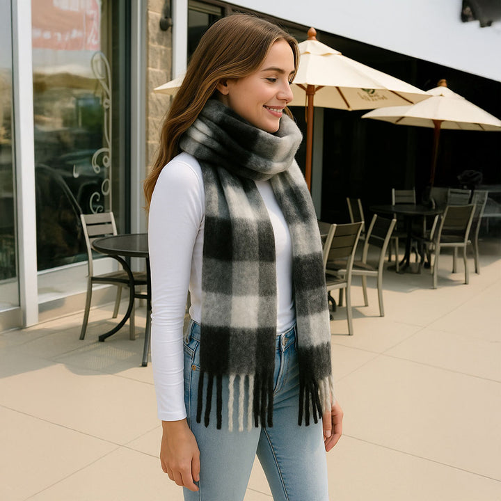 Black Soft Plaid Oblong Fringe Long Scarf