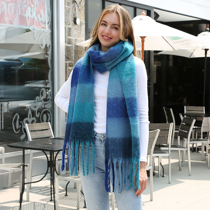 Blue Soft Plaid Oblong Fringe Long Scarf