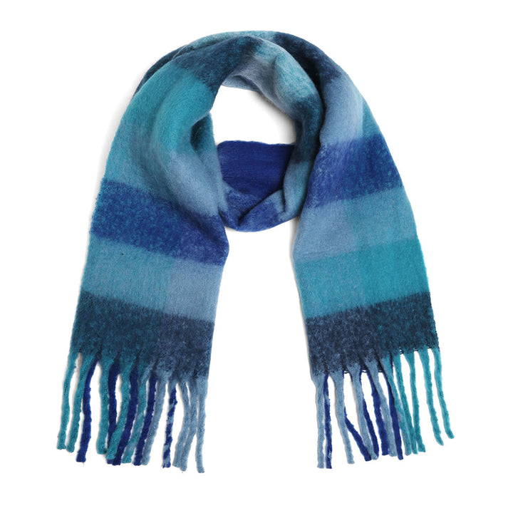 Blue Soft Plaid Oblong Fringe Long Scarf