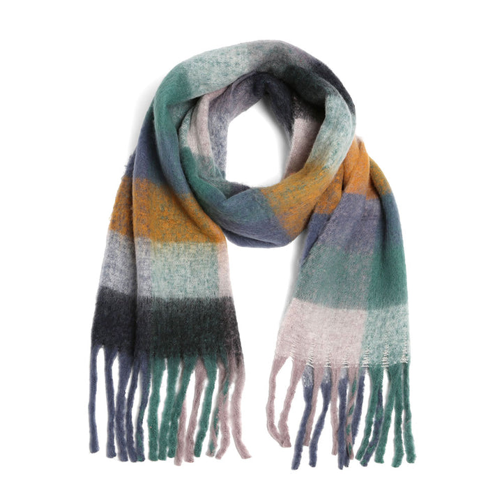 Olive Green Soft Plaid Oblong Fringe Long Scarf