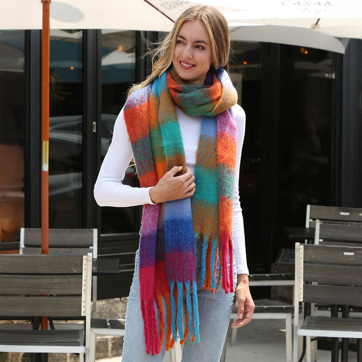 Orange Soft Plaid Oblong Fringe Long Scarf