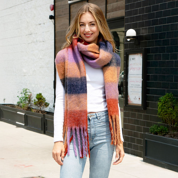 Multi Soft Plaid Oblong Fringe Long Scarf
