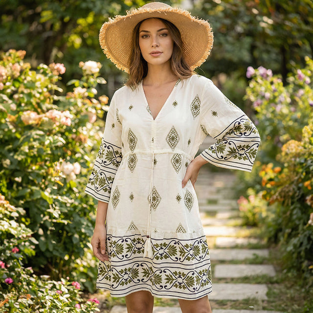 Madeline Love Green, White Boho Print Tunic Dress - Apparel
