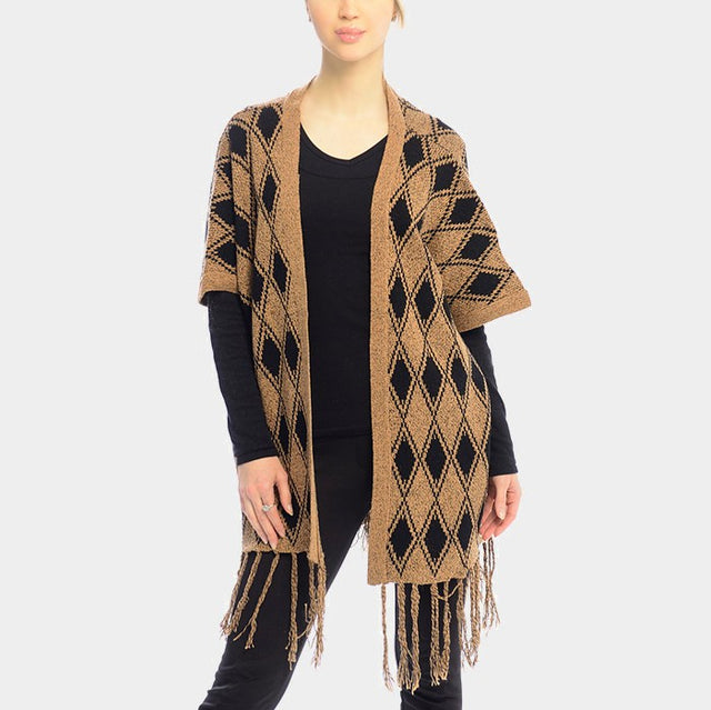 Madeline Love Brown, Black DIAMOND PATTERN FRINGE TRIM PONCHO SHAWL - Jewelry
