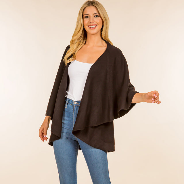 Black Open Front Solid Wrap Poncho
