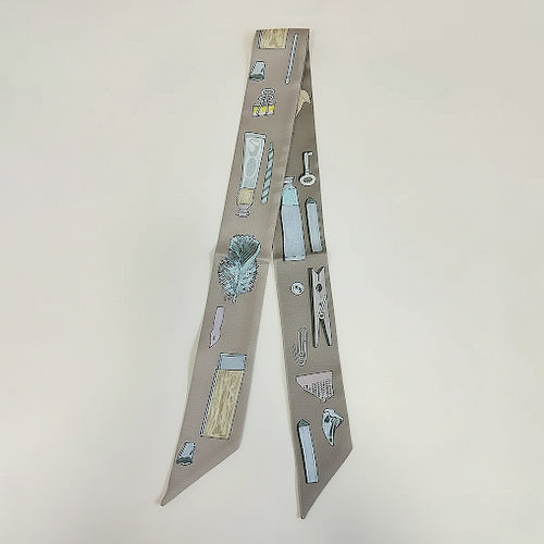 Art Inspired Pattern Printed Twilly Skinny Scarf - Khaki