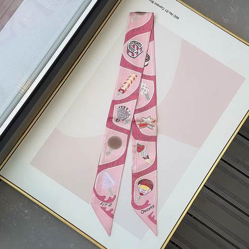 Graphic Icon Print Silky Twilly Skinny Scarf - Pink
