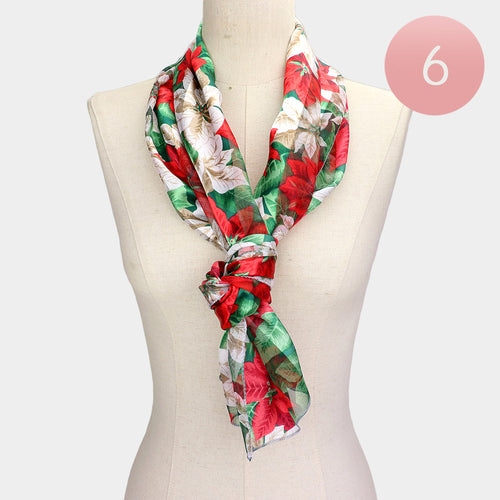 6PCS - Silk Feel Satin Striped Poinsettia Pattern Print Scarves - Ivory Red