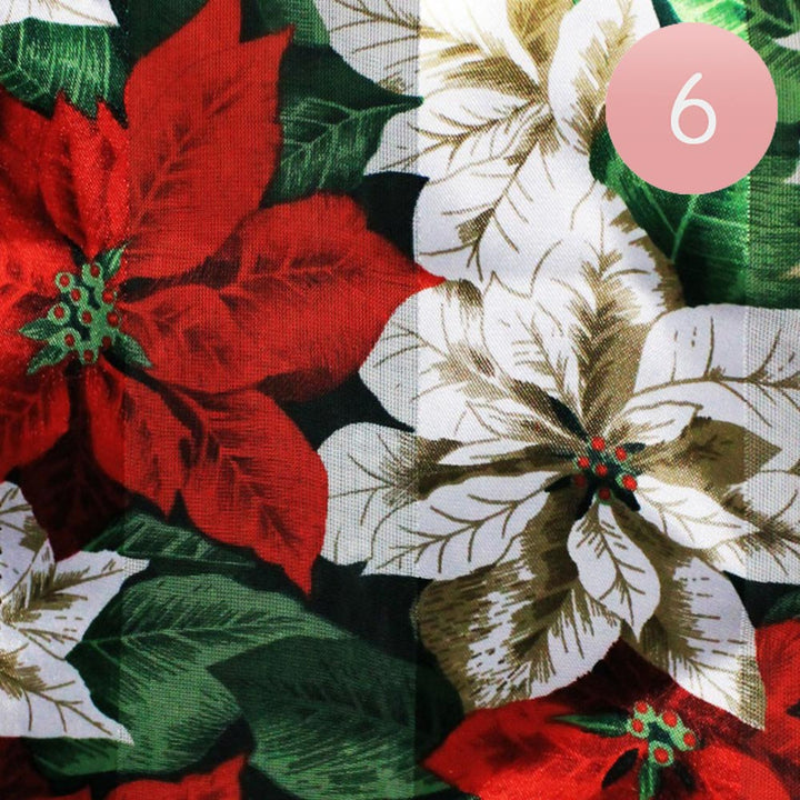Ivory, Red 6PCS - Silk Feel Satin Striped Poinsettia Pattern Print Scarves