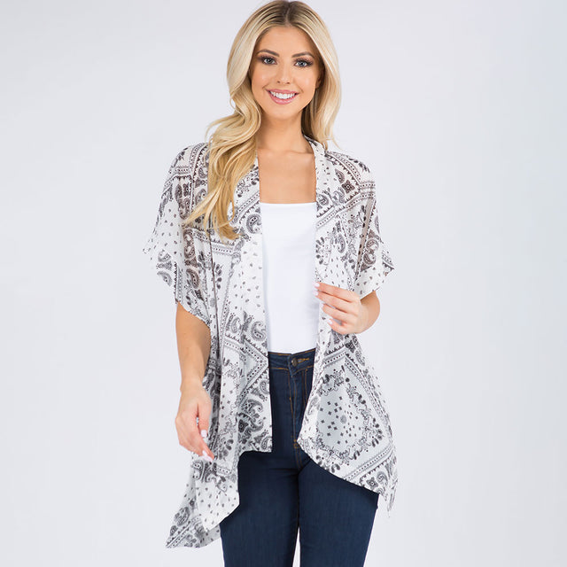 Madeline Love White Lightweight Boho Paisley Pattern Open Front Kimono Poncho - Jewelry