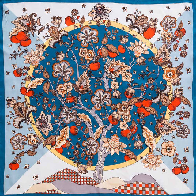 Madeline Love Blue Botanical Tree and Fruit Print Square Bandana Scarf - Scarves & Wraps