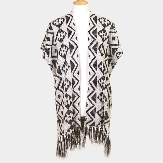 Gray Geometric Pattern Fringe Edge Angora Poncho
