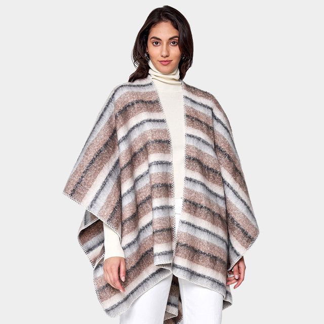 Brown Cozy Striped Three Tone Ruana Poncho