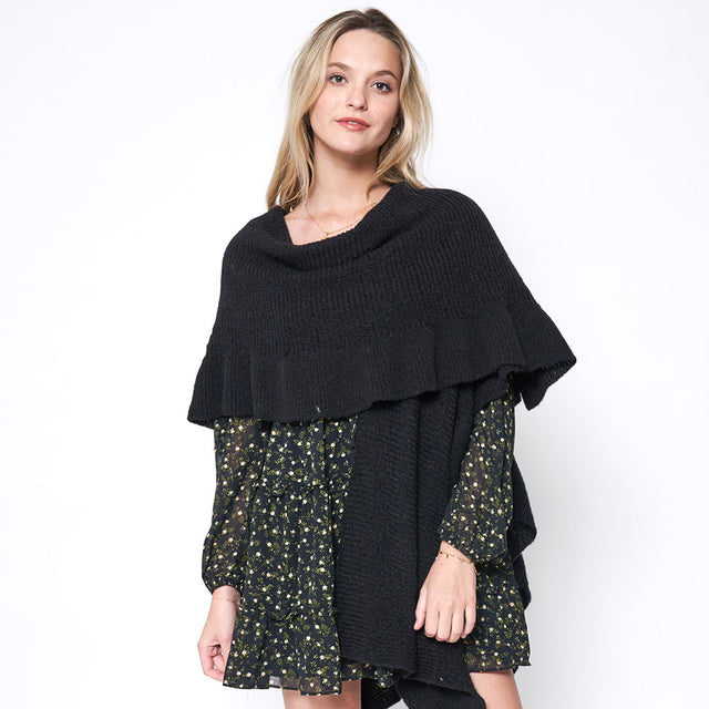 Black Reversible Ruffle Sleeves Knit Ruana Poncho