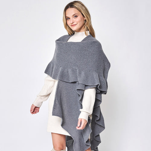 Reversible Ruffle Sleeves Knit Ruana Poncho - Gray