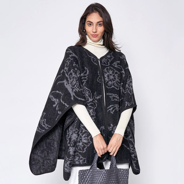 Black Floral Patterned Woven Ruana Poncho