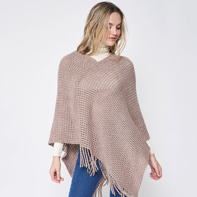 Beige Fringed Solid Knit Poncho
