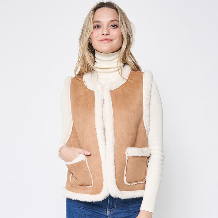Camel Faux Suede Sherpa Vest