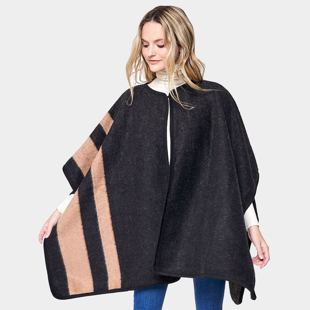 Black Striped Button Closure Cape Ruana Poncho