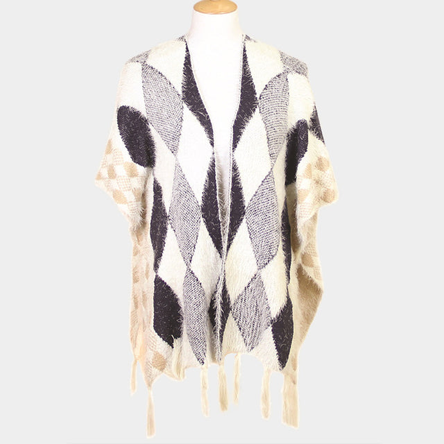 Navy Diamond Pattern Tassel Poncho