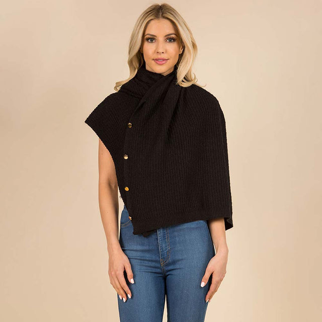 Black Convertible Button Up Waffle Knit Shawl Cape Poncho