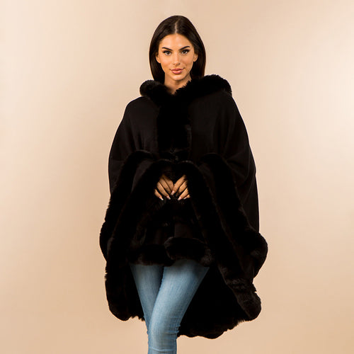 Faux Fur Trim Hooded Elegant Drape Cape Poncho - Black