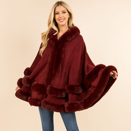 Faux Fur Trim Hooded Elegant Drape Cape Poncho - Burgundy