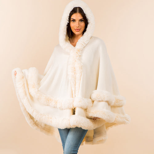 Faux Fur Trim Hooded Elegant Drape Cape Poncho - Ivory