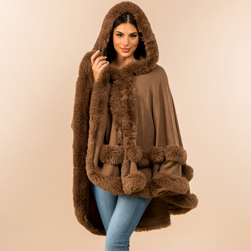 Faux Fur Trim Hooded Elegant Drape Cape Poncho - Tan